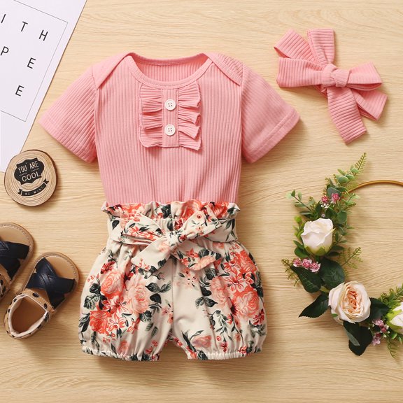 Vedolay Girls Short Outfits Sets Girl's 2 Piece Outfits Plaid Ruffle Trim Cap Sleeve Wrap Top and Shorts Set,Pink 6-12 Months