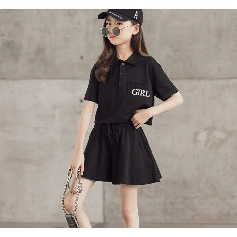 Vedolay Girls Shorts 2 Piece Outfits Kids Girls Clothes Summer Floral Ruffle Strap Tops Bow Shorts Casual 2PCS Outfits Black 7 8 Years