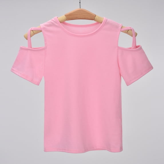 Vedolay Girls Summer Crew Neck Short Sleeve With Cold Shoulder Tops,Pink 6-7 Years