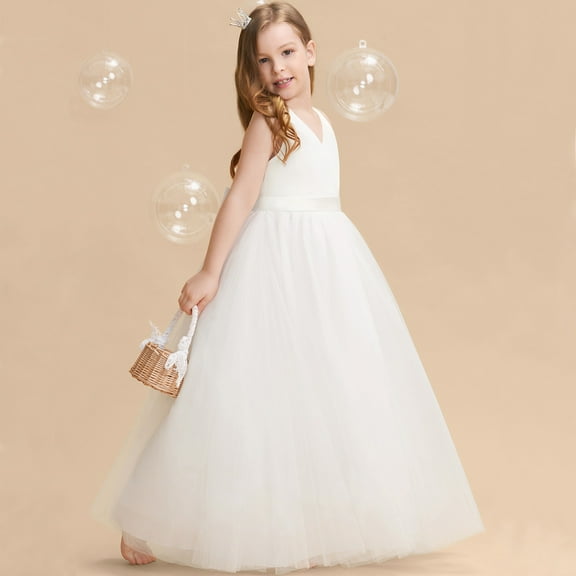 Vedolay Girls Summer Dress Tulle Sleeveless V Neck Solid Color Princess Dress,White 7-8 Years