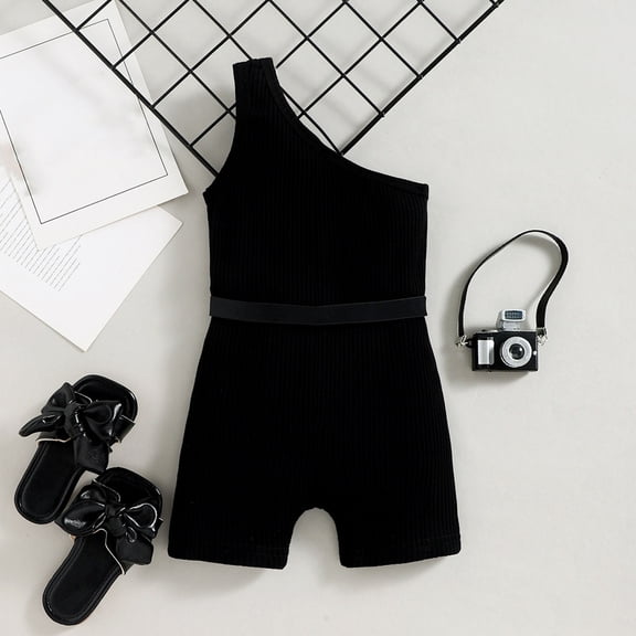 Vedolay Girls Summer Ribbed One Shoulder Belt Waist Solid Color Jumpsuit,Black 2-3 Years