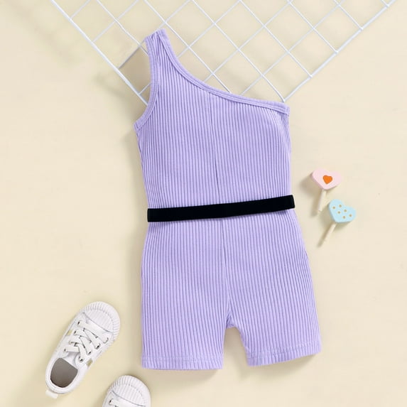 Vedolay Girls Summer Ribbed One Shoulder Belt Waist Solid Color Jumpsuit,Purple 3-4 Years