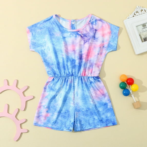 Vedolay Girls Summer Tie-Dyed Short Sleeve Crew Neck Fashion Romper,Blue 6-7 Years