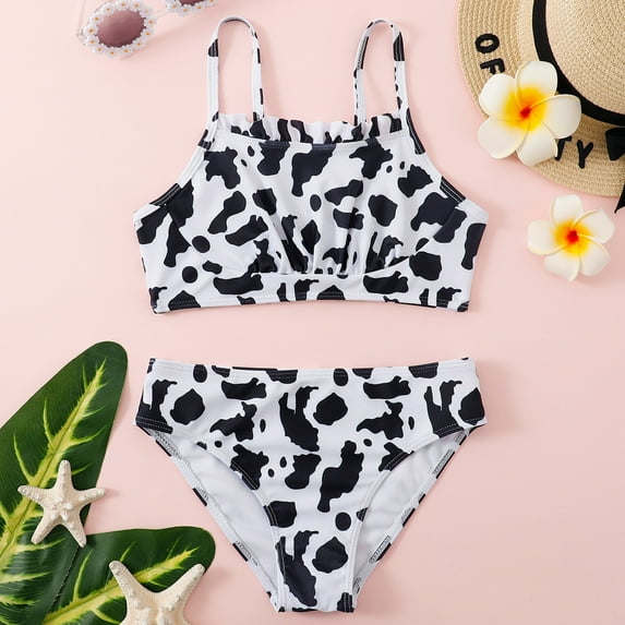 Vedolay Girls' Summer Two Piece Cute Cow Print Square Neck Swimsuit Set,White 12 Years