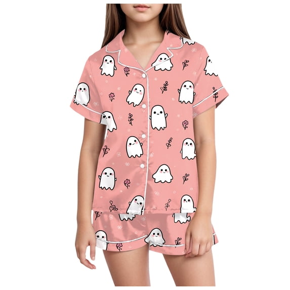 Vedolay Halloween Pajamas Toddler Pumpkin Ghost Print Satin Pjs Short Sleeve Button Down Sleepwear with Shorts Set Tween Girls Pjs