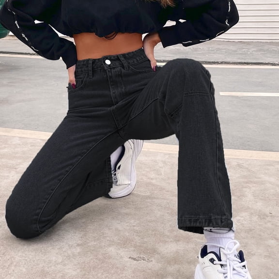 Vedolay Jeans Women Drawstring Elastic Waist Casual Baggy Jeans with Pockets,Black XS