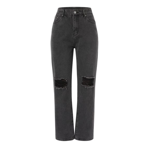 Vedolay Jeans Women Pocket Solid Jeans Denim Female Hole Bottom Jeans Grey,S