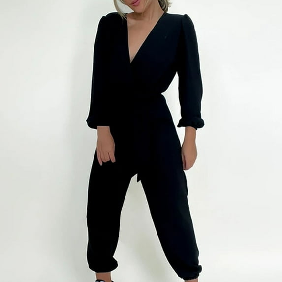Vedolay Jumpsuits For Women Dressy Women'Elegant Jumpsuits V Neck Long Sleeve Straight Long Pants Sparkly Roompers,Black XXL