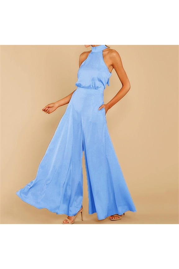Jumpsuits For Women Elegant Patchwork Overlay Embellished Plain Women's Jumpsuit High-Waist Woman Romper,Blue L