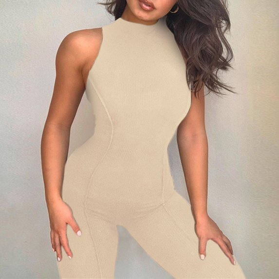 Vedolay Jumpsuits for Women Sleeveless High Waist Lift Tight Jumpsuit,Beige L