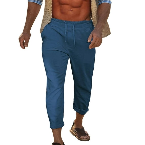 Vedolay Linen Pants Men Drawstring Casual Loose Pants with Pockets Straight Leg Pants Blue,XL