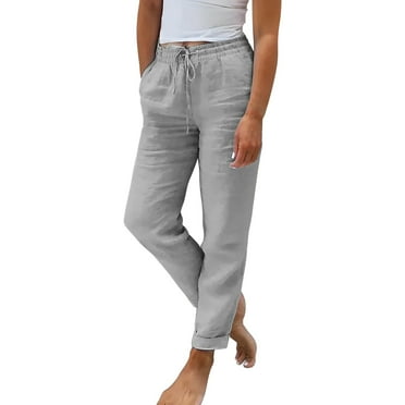 Vedolay Linen Pants Women Drawstring Elastic Waist Casual Trousers Solid Straight Leg Ankle Length Cropped Pants with Pockets (Gray,L)