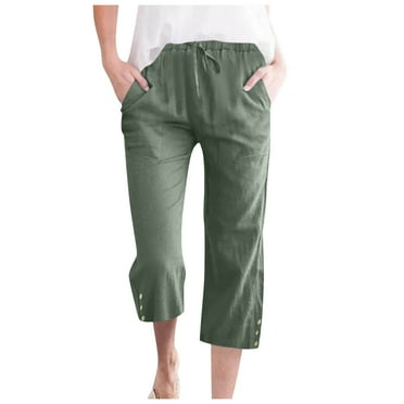 Vedolay Linen Pants Women, Drawstring Elastic Waist Cropped Trousers, Casual Summer Capri Pants with Pockets (Amry Green,M)