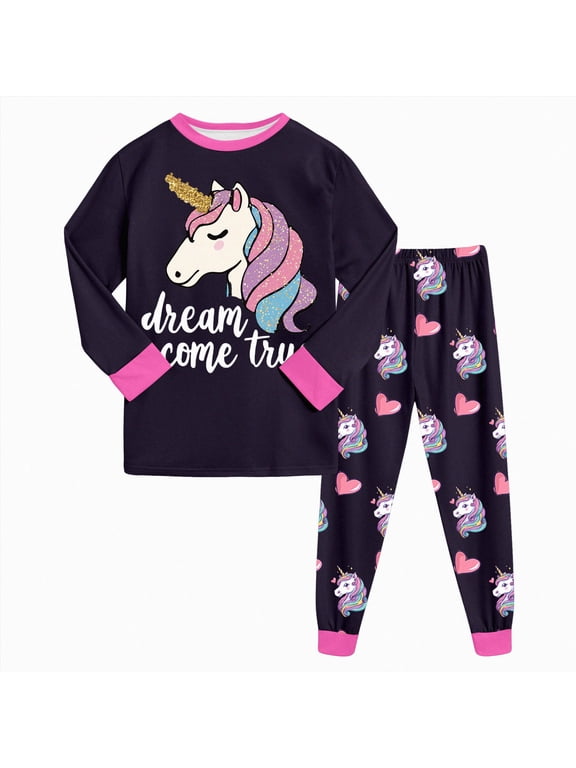 Little Big Girls Pajamas Set Long Sleeve PJs Cotton Pyjamas (Hot Pink,6-7 Years)