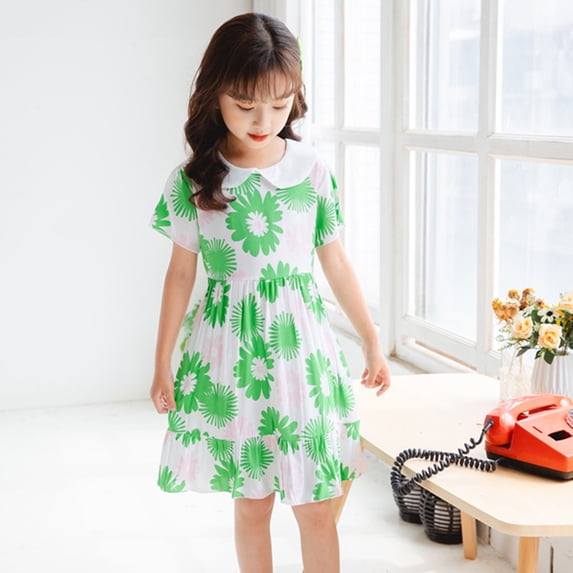 Vedolay Little Girl Dress Girl's Tie Shoulder Sleeveless Ruffle Summer Casual Cotton Sundress A-line Swing Dress,A-Green 4-5 Years