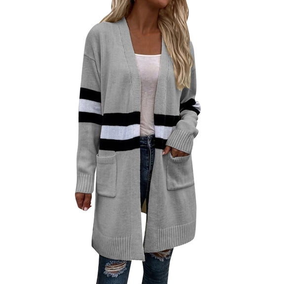 Vedolay Long Cardigans for Women 2023 Full-Zipper Stand Collar Sweater Gray,XL
