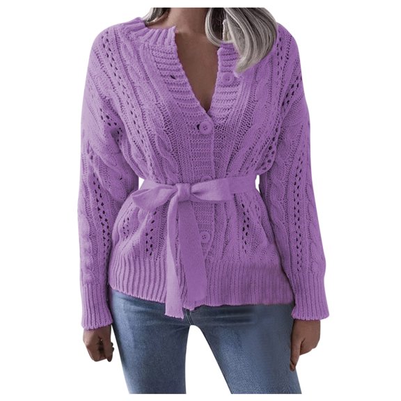 Vedolay Long Cardigans for Women Basic Crew Neck Long Sleeve Button Down Cardigan Purple,L