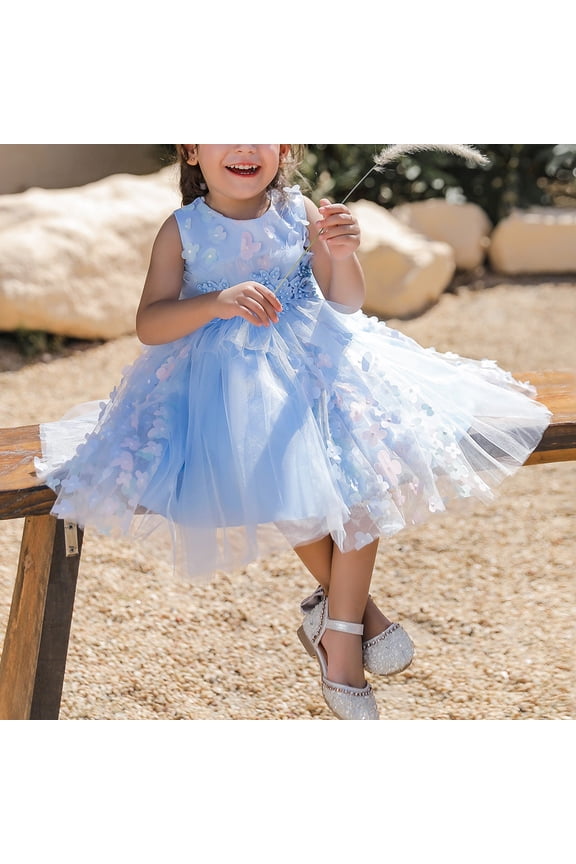 Long Dress Off Shoulder Flower Girls Dress Pageant Party Floral Formal Dresses,Blue 6-12 Months