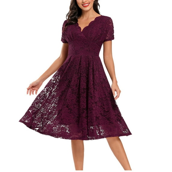 Vedolay Long Dress Plus Size Lace Chiffon Wrap V Neck Dresses Women Wedding Guest Midi Dress,Red S