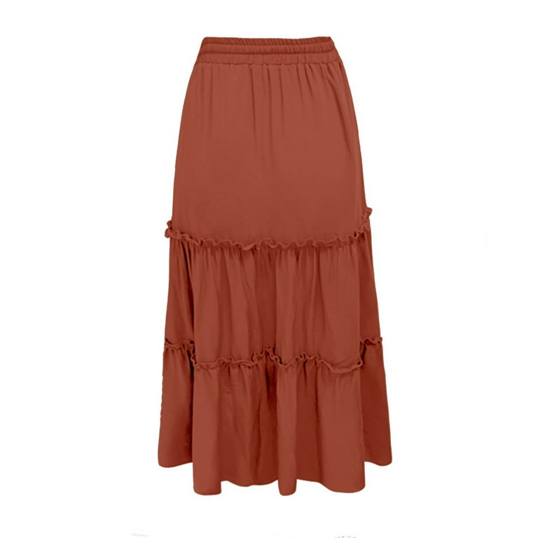 Vedolay Long Skirt Plus Size Skirts for Women Flowy Pleated Midi Length Skirt Orange XL