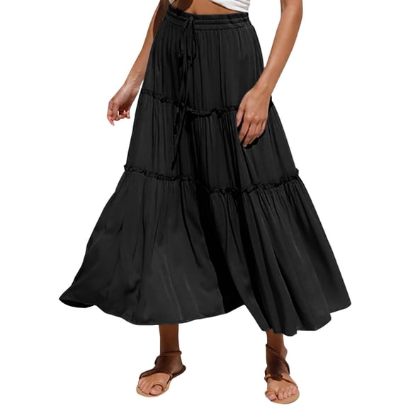 Vedolay Long Skirts For Womens Summer Cotton Vintage Boho Casual Ruffled Flowy Maxi Skirt(Black,X-L)