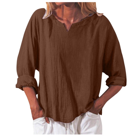 Vedolay Long Sleeve T Shirts for Women Button up Tunics Solid Color Blouse Tops Coffee,S