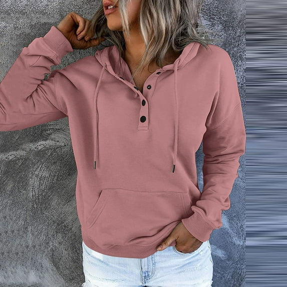 Vedolay Long Sleeve Tops Hoodie for Women Fall Loose Solid Color Sweatshirt with Pockets,Pink XL