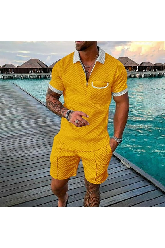 Matching Short Sets For Men Men's 2 Piece Linen Sets Button Down Shirt and Casual Beach Shorts Summer Outfits,F-Yellow 6XL