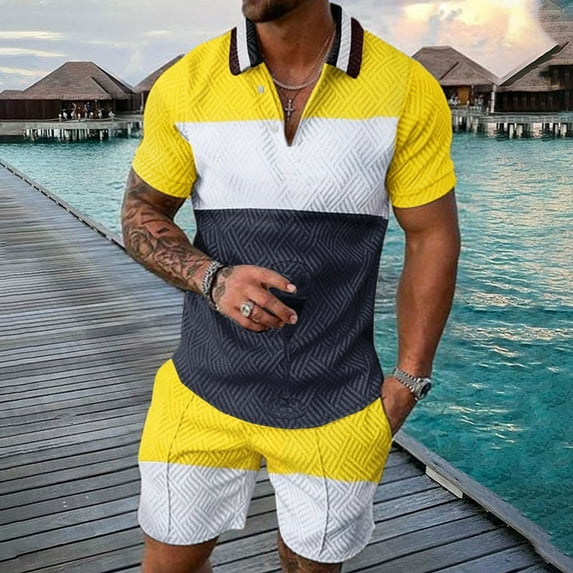 Vedolay Matching Short Sets For Men Men's Shirt And Shorts Set Summer Casual Short Sleeve Men's Sportswear Solid Color Streetwear Suits,Yellow 3XL