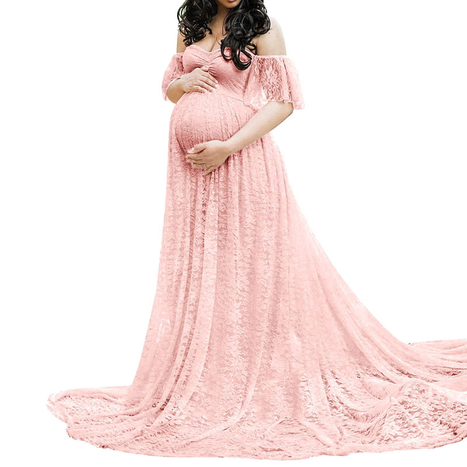 strapless open back dress Momyknows White Lace Corset Square Neck Flare Sleeve Off Shoulder Bodycon  Elegant Cocktail Party Maternity Photoshoot Baby Shower Maxi Dress