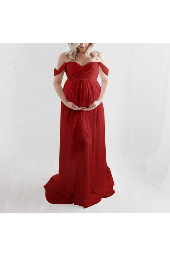 Maternity Dress Pregnant Womens Maternity Off Shoulder Maxi Dress Photography Photo Long Gown(Red,L)
