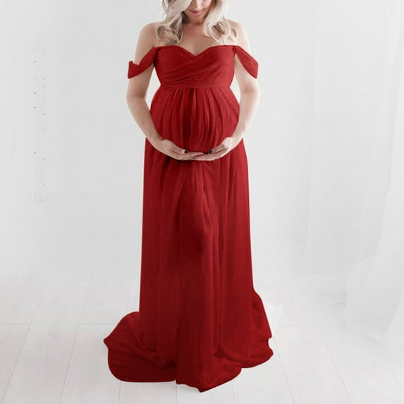 Vedolay Maternity Dress Pregnant Womens Maternity Off Shoulder Maxi Dress Photography Photo Long Gown(Red,S)