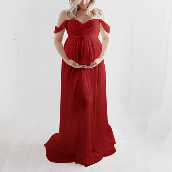 Vedolay Maternity Dress Pregnant Womens Maternity Off Shoulder Maxi Dress Photography Photo Long Gown(Red,XL)