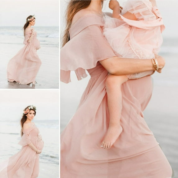 Vedolay Maternity Dress Summer Maternity Strapless Ruched Maxi Tube Dress with Pockets,Pink M