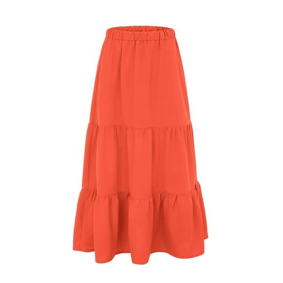 Vedolay Maxi Skirt Women High Waist Pleated A-Line Knee Length Lace Pockets Skirt,Orange M