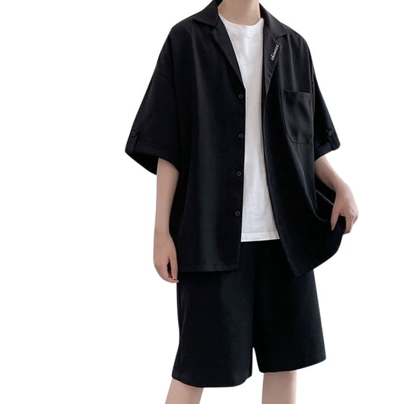 Vedolay Men 2 Piece Shirts Sets Summer Beach Short Sleeve Button Down Shirt Loose Shorts Set(Black,M)