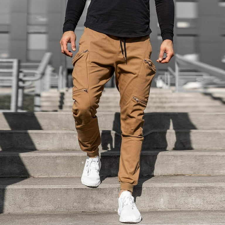 Vedolay Men Pants Slim Fit Men's Solid Drawstring Waist Cargo Pants Elastic  Casual Jogger Trousers with Pockets,Khaki S