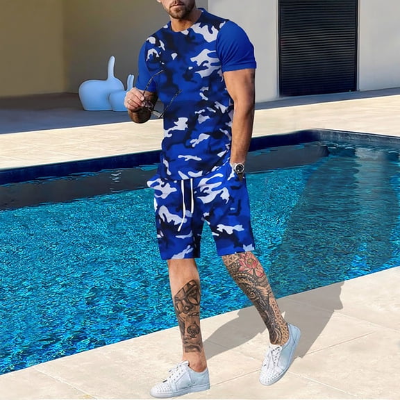 Vedolay Men Short Sets Outfits 2 Piece 2 Piece Outfits for Men Shorts Set Casual Suit Sportswear Summer Tracksuit,Blue 6XL