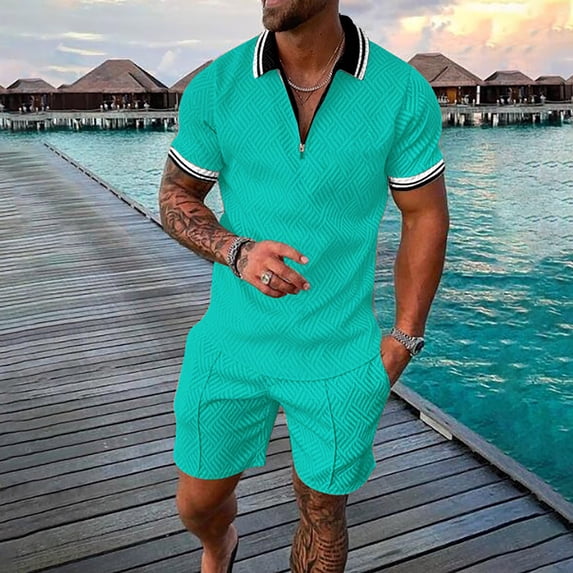 Vedolay Men Short Sets Outfits 2 Piece Men's Short Sets Outfits 2 Piece Summer Tracksuit Plaid Short Sleeve T Shirt and Shorts Set,Mint Green 3XL