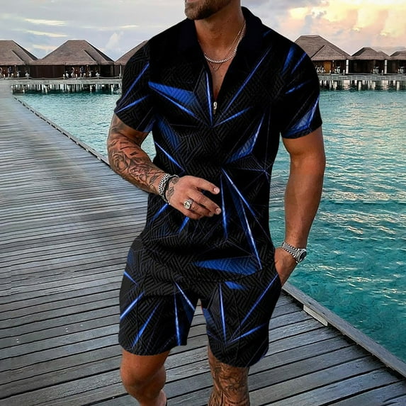 Vedolay Men Short Sets Outfits 2 Piece Men's Summer 2 Piece Outfits Printed Shirts and Sports Shorts Sets,Blue 3XL