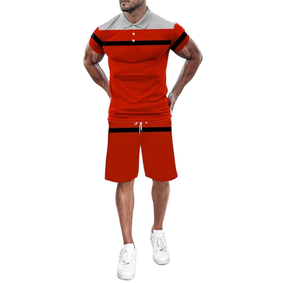 Vedolay Men Short Sets Outfits Short Sleeve Muscle Tee and Sport Shorts Set Summer 2 Piece(Red,X-L)