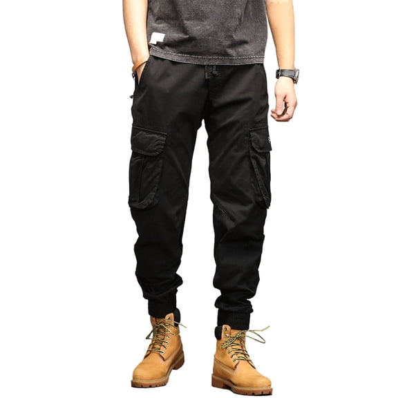 Vedolay Men's Pants Men's Solid Cargo Pants Loose Side-Elastic Stacked Pants Casual Multiple Pockets Outdoor Straight Type Fitness Pants,Black L