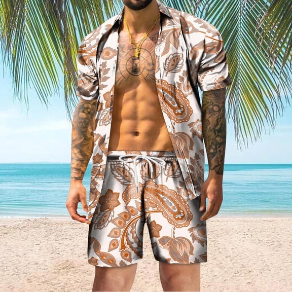 Vedolay Men's Summer Outfits Hawaii Beach Short Sleeved Shirt Shorts Suit,Khaki M