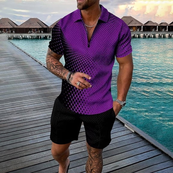 Vedolay Mens Short Outfit Casual 2 Piece Outfits for Men Shorts Sleeve Shirts and Shorts Suit,Purple M