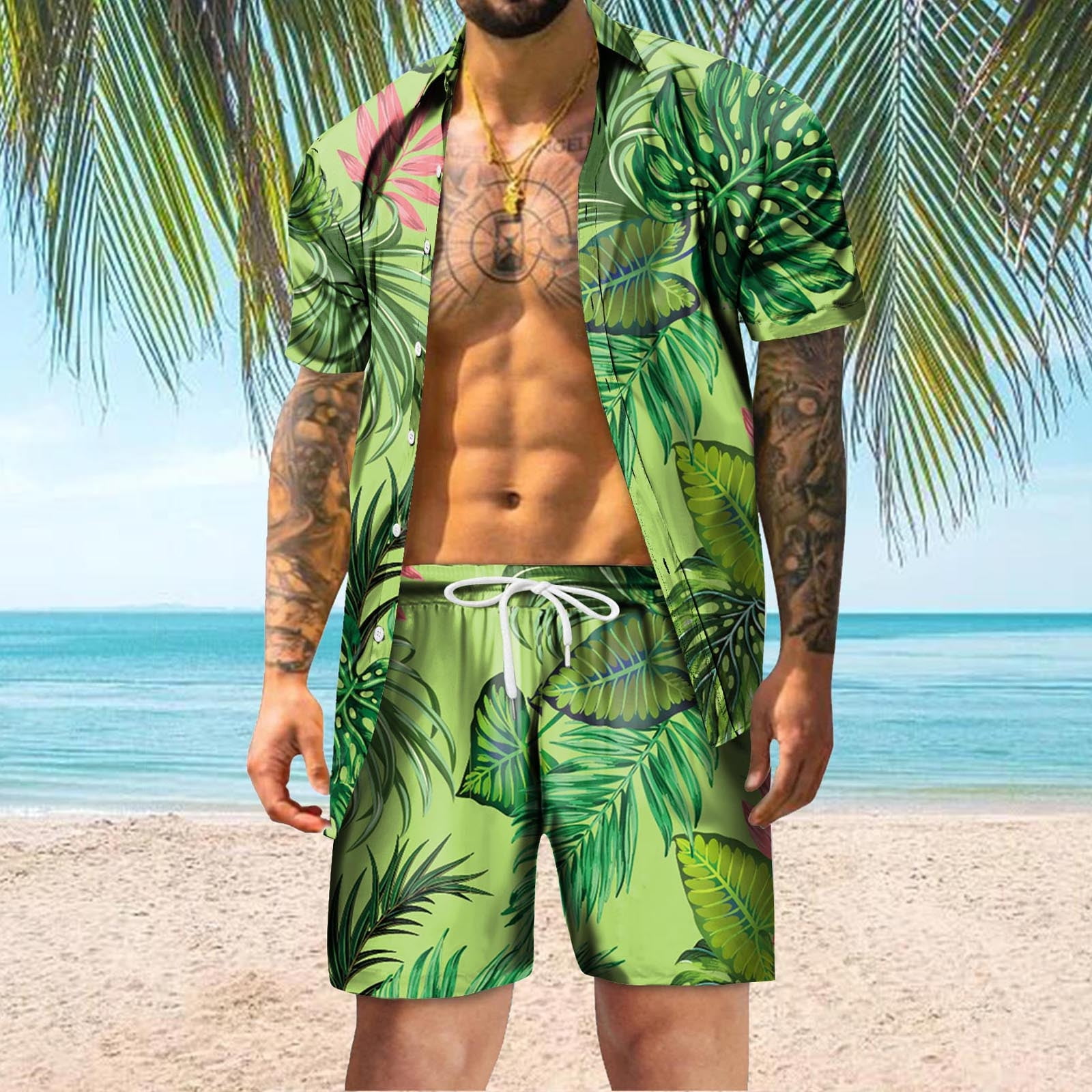 Vedolay Mens Short Outfits 2023 New Men Spring Summer Suit Print Shirt Short Set 2 Piece Shirt Mens Bathing Suit Blue XXL