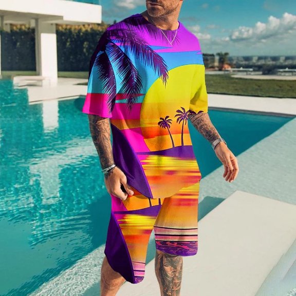 Vedolay Mens Short Outfits Men's 2 Piece Outfits Short Sleeve Crew Neck T-Shirt and Shorts Sets,Purple XXL