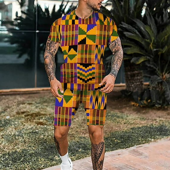 Vedolay Mens' Short Set Men's Short Sets Outfits 2 Piece Summer Tracksuit Plaid Short Sleeve T Shirt and Shorts Set,Green XXL