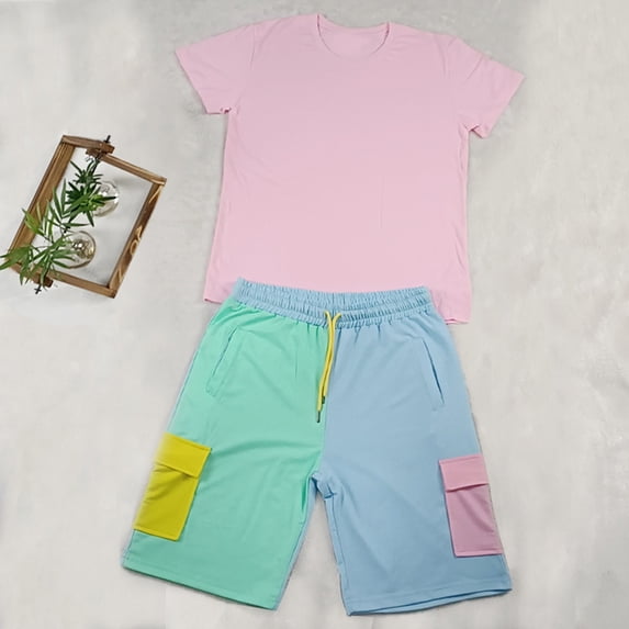 Vedolay Mens' Short Set Short Sets for Men Clothing Patchwork Beach Slim Fit Shorts and T-Shirt Summer Short Set,Purple 3XL