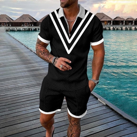 Vedolay Mens' Short Sets 2023 Summer Short Sleeve Shirt and Shorts Set,Black XL
