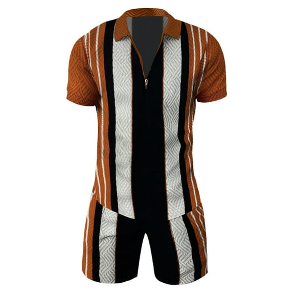 Vedolay Mens' Short Sets Men's Short Sets Outfits 2 Piece Summer Tracksuit Plaid Short Sleeve T Shirt and Shorts Set,Brown 4XL
